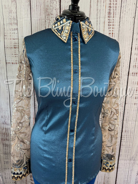 Smokey Blue & Tan Day Shirt Set With Lace Sleeves (L)