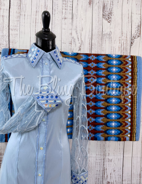 Powder Blue Day Shirt Set With Beaded Lace Sleeves (M)