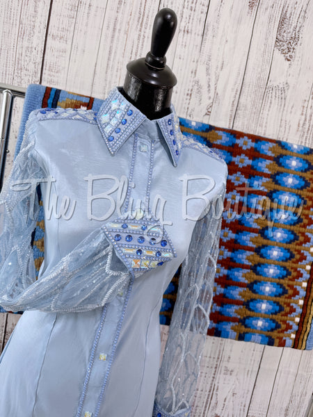 Powder Blue Day Shirt Set With Beaded Lace Sleeves (M)