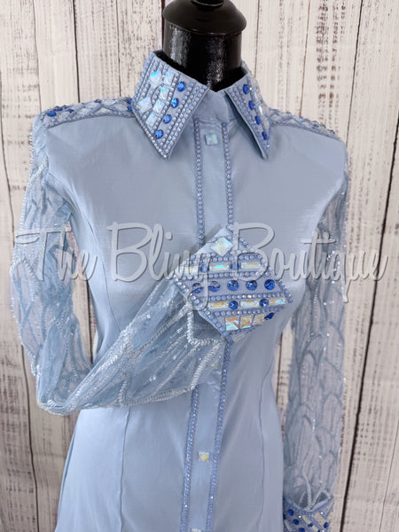Powder Blue Day Shirt Set With Beaded Lace Sleeves (M)