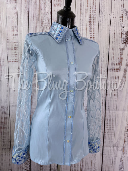 Powder Blue Day Shirt Set With Beaded Lace Sleeves (M)