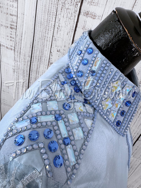 Powder Blue Day Shirt Set With Beaded Lace Sleeves (M)