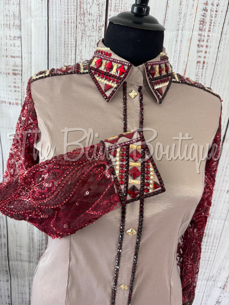Tan, Burgundy & Red Day Shirt Set With Lace Sleeves (2XL)