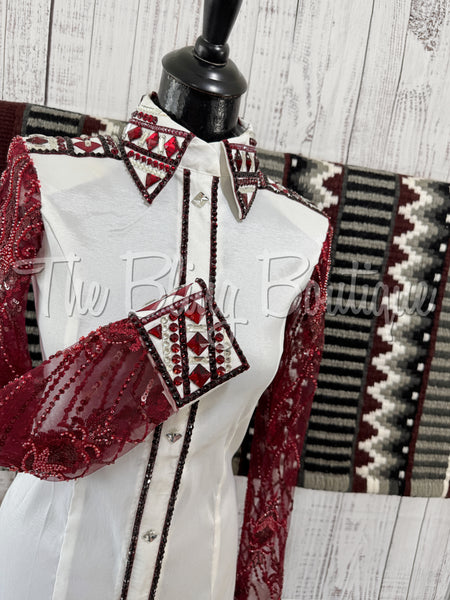 White & Burgundy Day Shirt Set With Lace Sleeves (M)