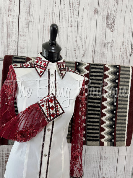 White & Burgundy Day Shirt Set With Lace Sleeves (M)