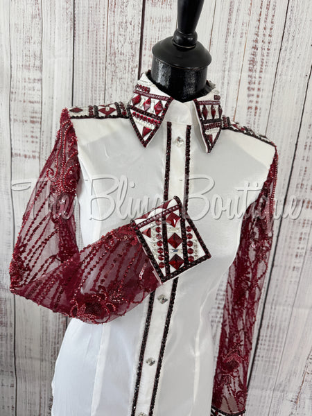 White & Burgundy Day Shirt Set With Lace Sleeves (M)