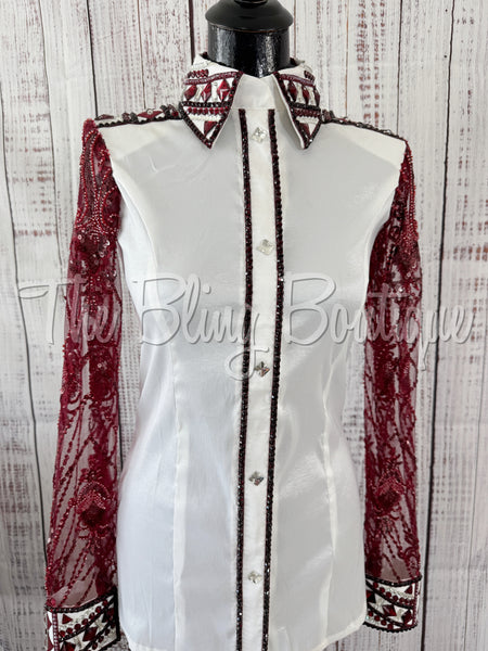 White & Burgundy Day Shirt Set With Lace Sleeves (M)