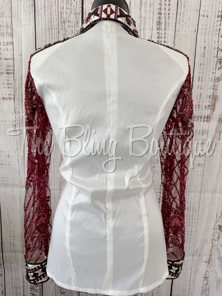 White & Burgundy Day Shirt Set With Lace Sleeves (M)