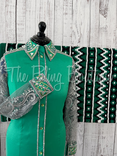 Kelly Green Day Shirt Set With Beaded Lace Sleeves (M)