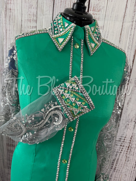Kelly Green Day Shirt Set With Beaded Lace Sleeves (M)