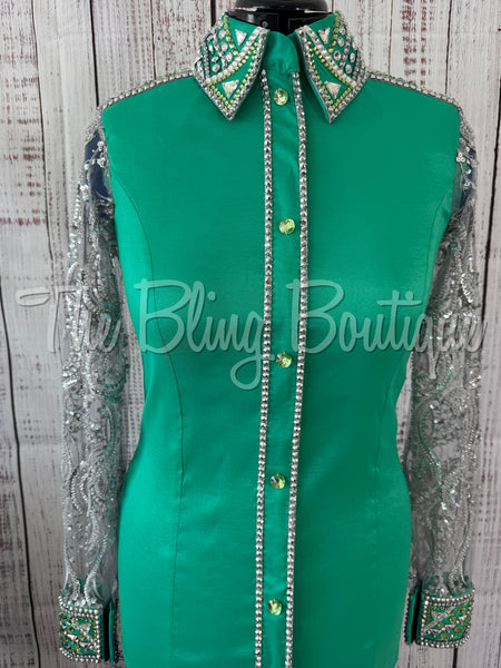 Kelly Green Day Shirt Set With Beaded Lace Sleeves (M)