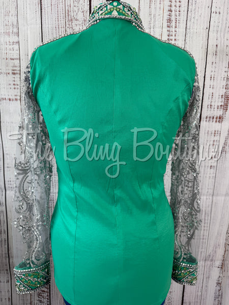 Kelly Green Day Shirt Set With Beaded Lace Sleeves (M)