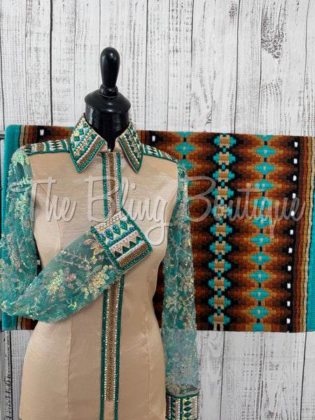 Tan & Teal Day Shirt Set With Lace Sleeves (L)