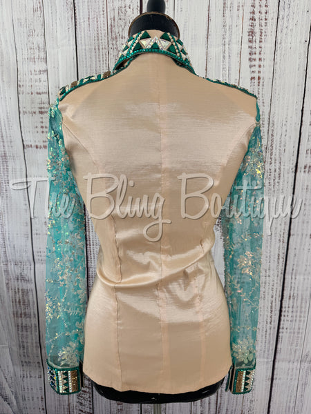 Tan & Teal Day Shirt Set With Lace Sleeves (L)