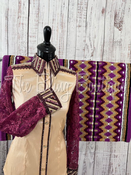 Tan, Berry & Plum Day Shirt Set With Lace Sleeves (M)