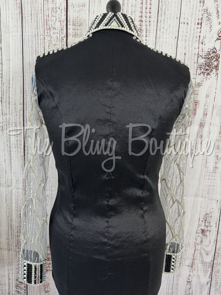Black, Grey & White Day Shirt Set With Beaded Lace Sleeves (M)