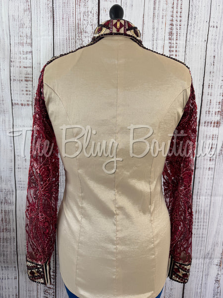 Tan & Burgundy Day Shirt Set With Beaded Lace Sleeves (M)