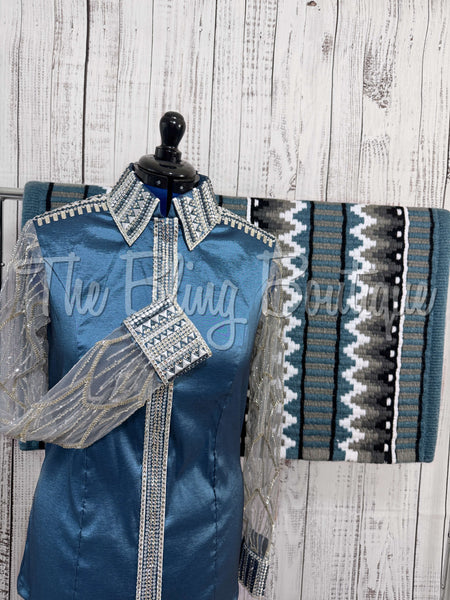 Smokey blue & Grey Day Shirt Set With Lace Sleeves (XL)