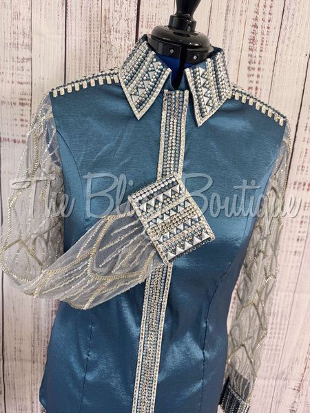 Smokey blue & Grey Day Shirt Set With Lace Sleeves (XL)