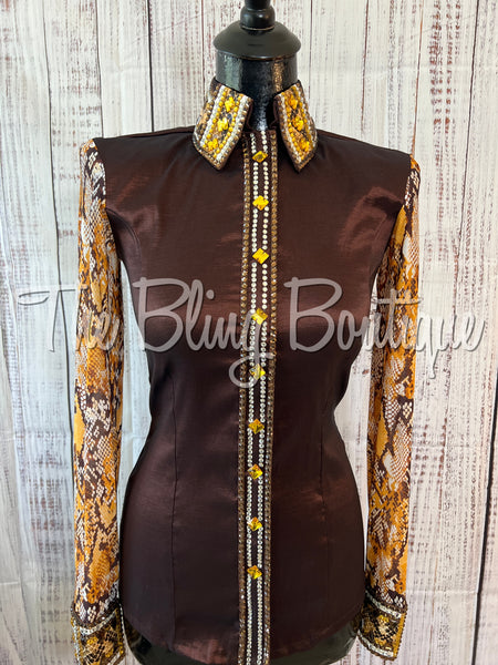 Brown, Gold & Reptile Sheer Sleeve Day Shirt Set (S)
