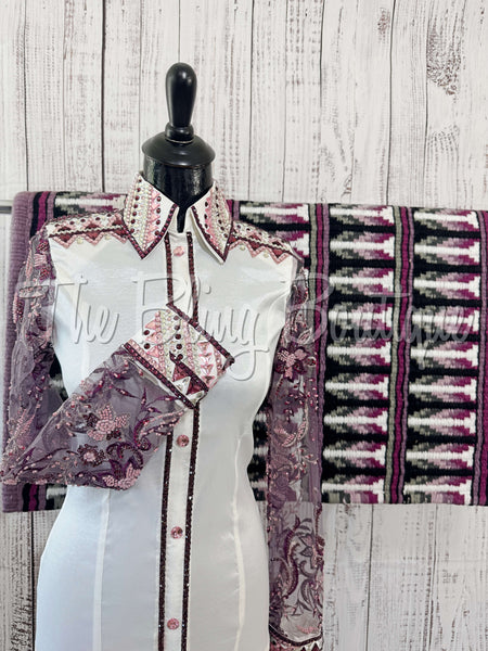 White, Plum & Lilac Day Shirt Set With Beaded Lace Sleeves (S)
