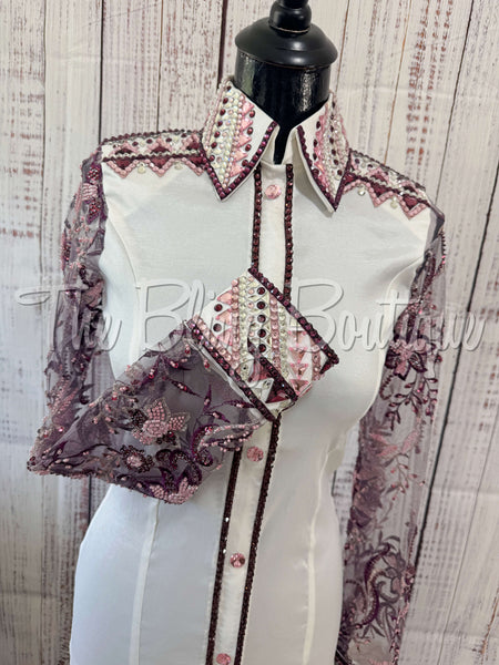 White, Plum & Lilac Day Shirt Set With Beaded Lace Sleeves (S)