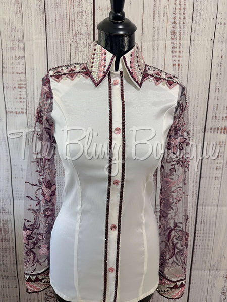 White, Plum & Lilac Day Shirt Set With Beaded Lace Sleeves (S)