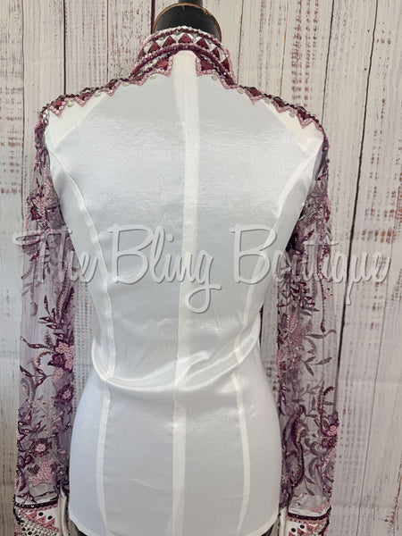 White, Plum & Lilac Day Shirt Set With Beaded Lace Sleeves (S)