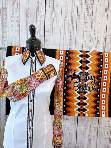 White, Orange & Plum Day Shirt With Sheer Sleeves Set (M)