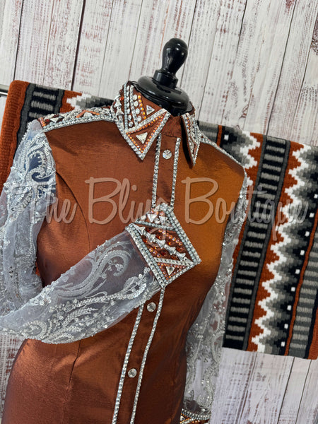 Rust & Charcoal Day Shirt Set With Beaded Lace Sleeves (L)
