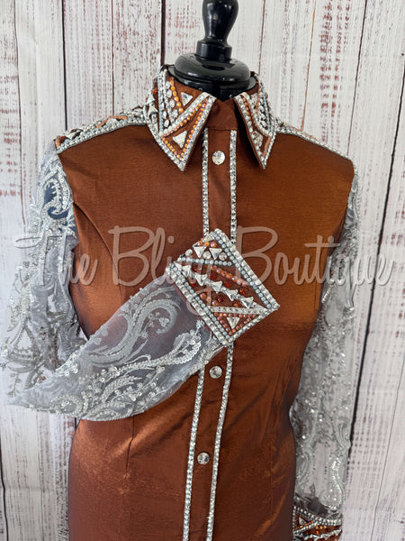Rust & Charcoal Day Shirt Set With Beaded Lace Sleeves (L)