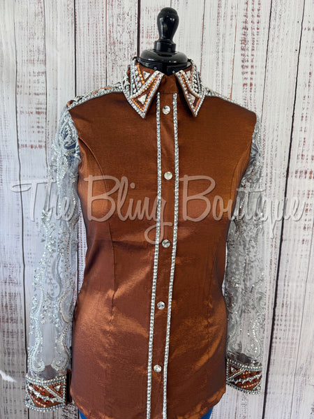 Rust & Charcoal Day Shirt Set With Beaded Lace Sleeves (L)