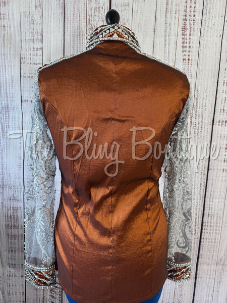 Rust & Charcoal Day Shirt Set With Beaded Lace Sleeves (L)
