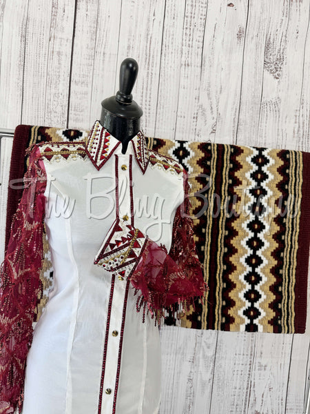 White, Burgundy & Tan Day Shirt Set With Lace Sleeves (S)