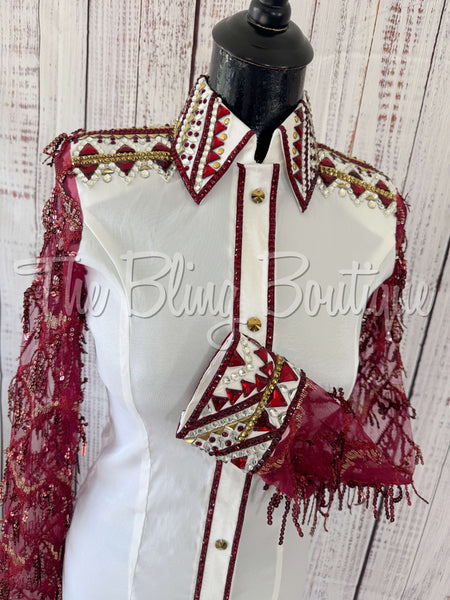 White, Burgundy & Tan Day Shirt Set With Lace Sleeves (S)