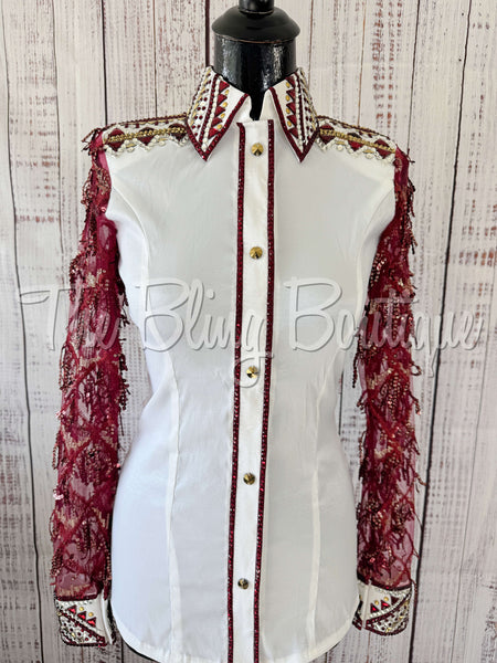 White, Burgundy & Tan Day Shirt Set With Lace Sleeves (S)