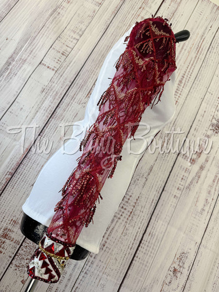 White, Burgundy & Tan Day Shirt Set With Lace Sleeves (S)