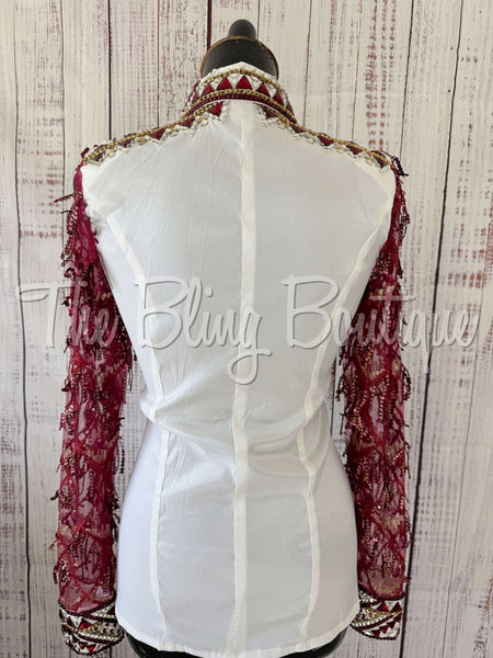 White, Burgundy & Tan Day Shirt Set With Lace Sleeves (S)