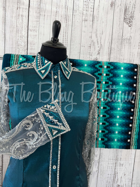 Ocean Teal & Grey Day Shirt Set With Beaded Lace Sleeves (2XL)