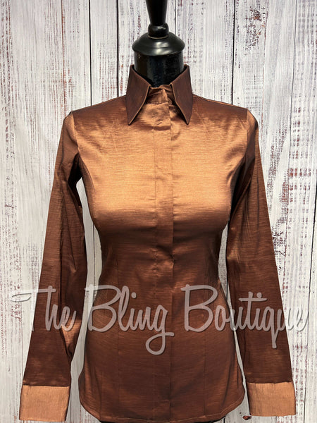 Fitted Taffeta Zip Up Shirt - Mocha/Bronze