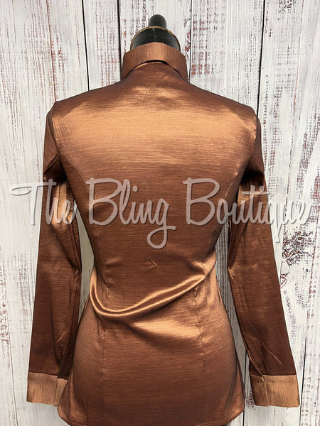 Fitted Taffeta Zip Up Shirt - Mocha/Bronze