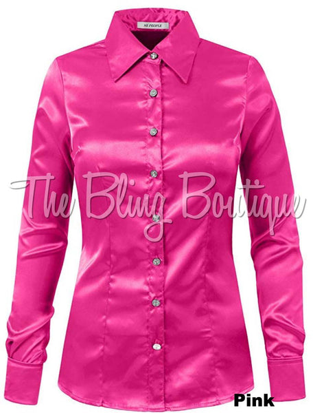 (Multiple Colors Available) Satin Button Down Shirt