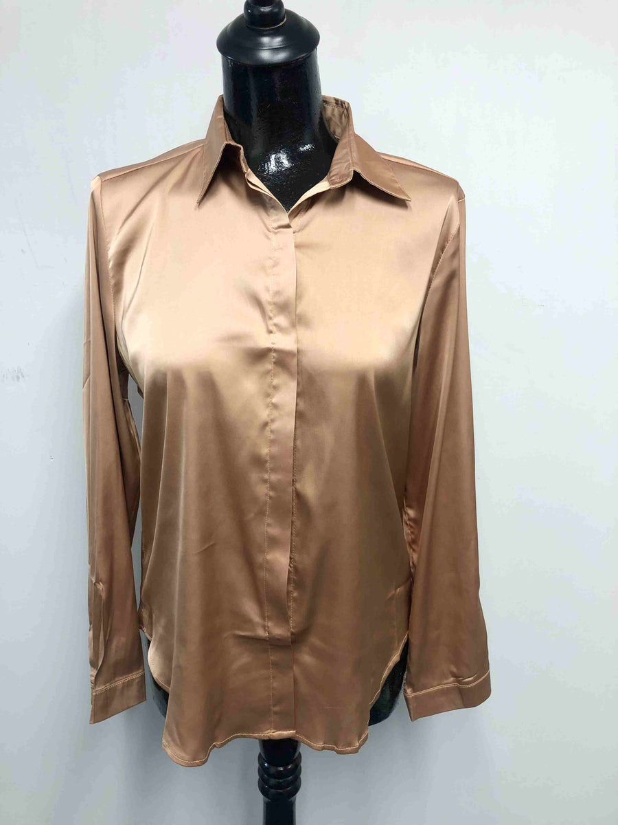 gold satin button up