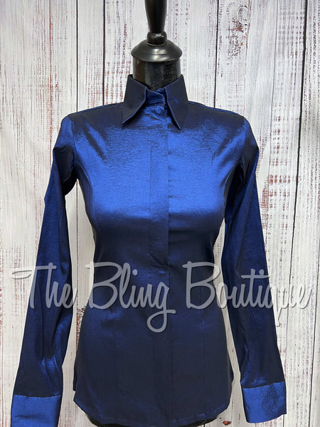 Fitted Taffeta Zip Up Shirt - Navy Blue