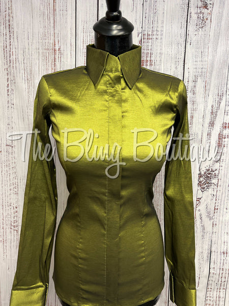 Fitted Taffeta Zip Up Shirt - Light Olive Green