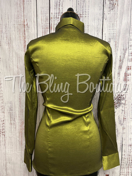 Fitted Taffeta Zip Up Shirt - Light Olive Green