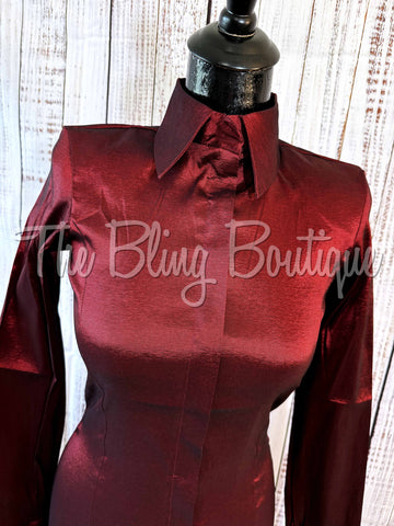 Fitted Taffeta Zip Up Shirt - Burgundy