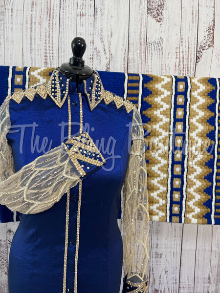 Dark Blue & Tan Day Shirt Set With Lace Sleeves (M)