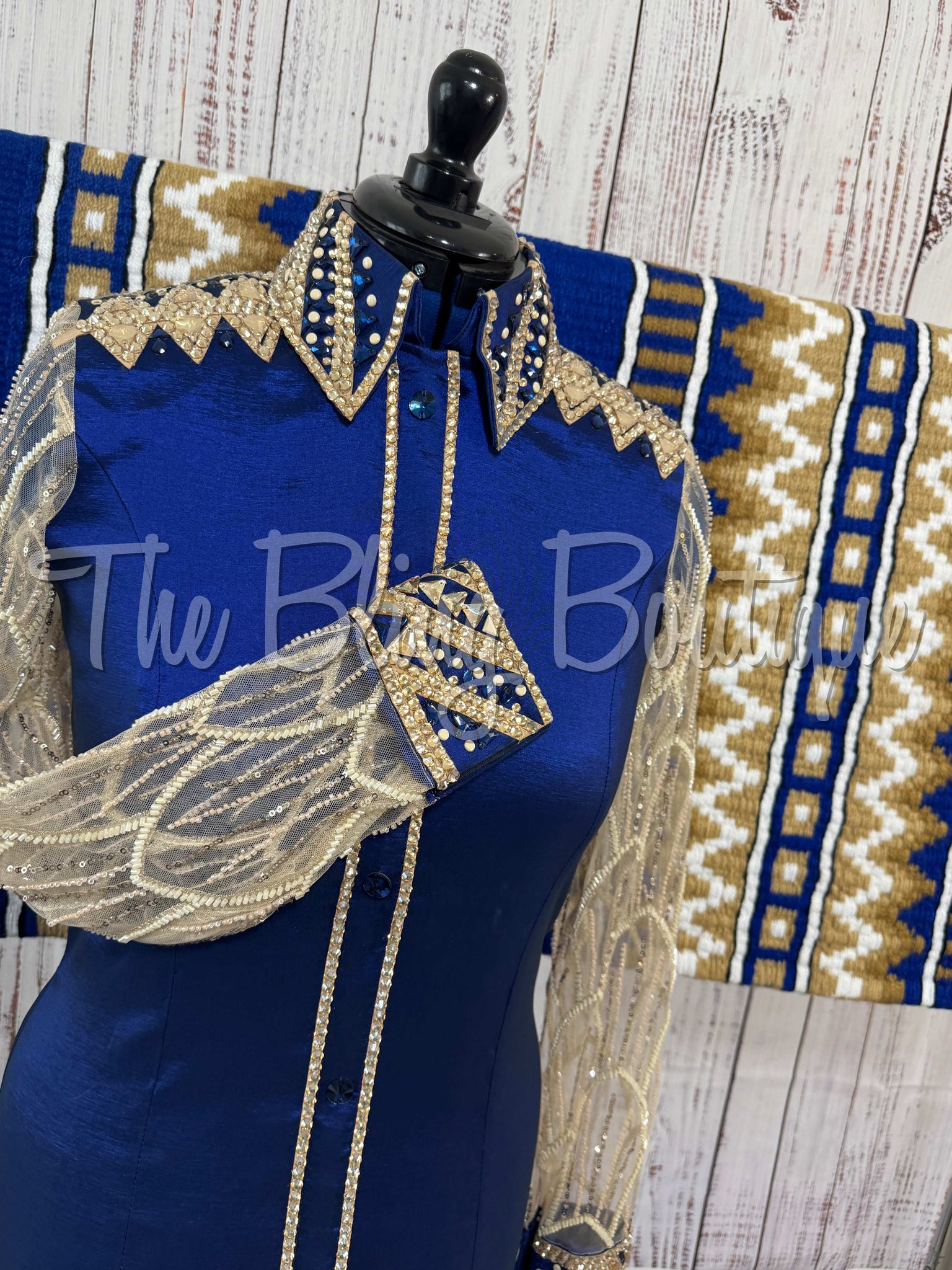 Dark Blue & Tan Day Shirt Set With Lace Sleeves (M)