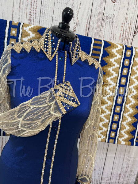 Dark Blue & Tan Day Shirt Set With Lace Sleeves (M)